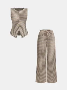 Women's 2-Piece Wide Leg Pants and Sleeveless Striped Set, Casual Spring & Fall Knit Cardigan, Perfect for Comfort and Fashion