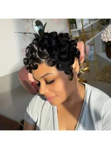 6 Inch Black Pixie Cut Human Hair Wig, Voluminous Short Wavy Curly Wig, 180% Density Simulated Hair Patch, Adhesive Free Natural Looking Wig for Daily Party Halloween, Glueless Black Wig