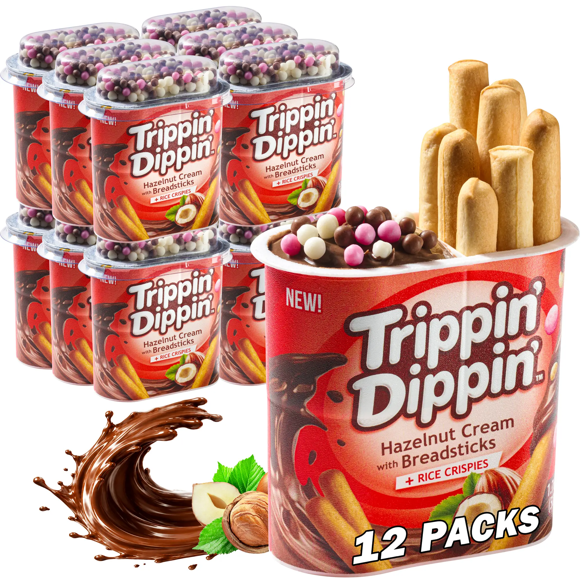 Trippin Dippin Breadsticks with Chocolate Hazelnut Dip and Rice Crisps – 12 Pack Bulk Snacks for an On the Go 1.76 oz Individual Snack Cups