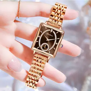 V-055 Rose Gold Metal Analog Rectangle Women's Watch, 30MM Quartz Movement, Dual Calendar, Luminous Display, Waterproof, for Casual & Sports Wear ootd
