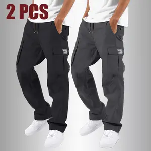 2 Pack Men's Outdoor Cargo Pants, Lightweight Breathable Straight Leg Casual Pants, Multi-Pocket Drawstring Waist Sweatpants for Running, Hiking & Daily Activities