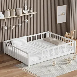 NEKODO Twin/Full/Queen Size Floor Bed for Kids , Solid Pine Wood Multifunctional Toddler & Kids Montessori Bed Frame with Safety Guardrails,Solid Pinewood Toddler Bed Frame with Wood Slats,Without Door, Easy Assemble
