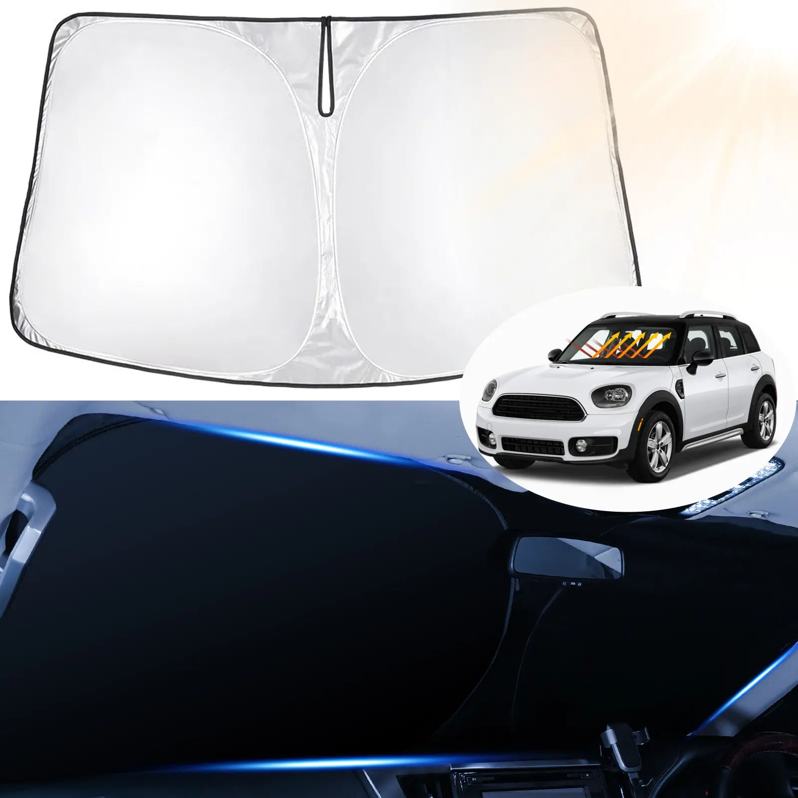 Canvcle Custom-Fit Automotive Vehicle Sunshade Cover, Full Coverage Front Window Heat Shield for Mini Countryman Cooper F60 SUV 2017-2026, Foldable 240T Reflective Fabric, 99% UV-Blocking Portable Car Sun Protection Accessory