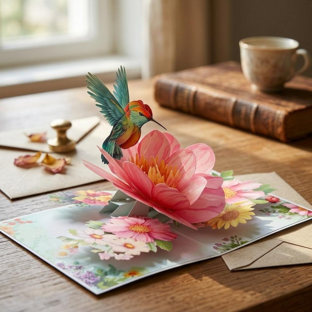 3D Pop Up Greeting Card, Handcrafted Hummingbird & Flower Popup Card for Birthday, Mother's Day, Anniversary, All Occasion Keepsake Card with Envelope