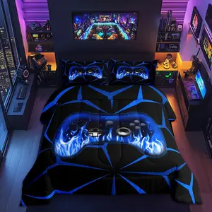 Kids Gamer Comforter Set,Gaming Bedding Set for Boys Girls,3D Geometric Video Game Console Comforter,Blue and Black Game Contoller Bed Set for All Season