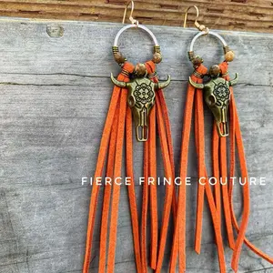 Fierce Fringe Couture Hypoallergenic Fringe Bullhead Earrings with Turquoise Beads and Leather Tassels
