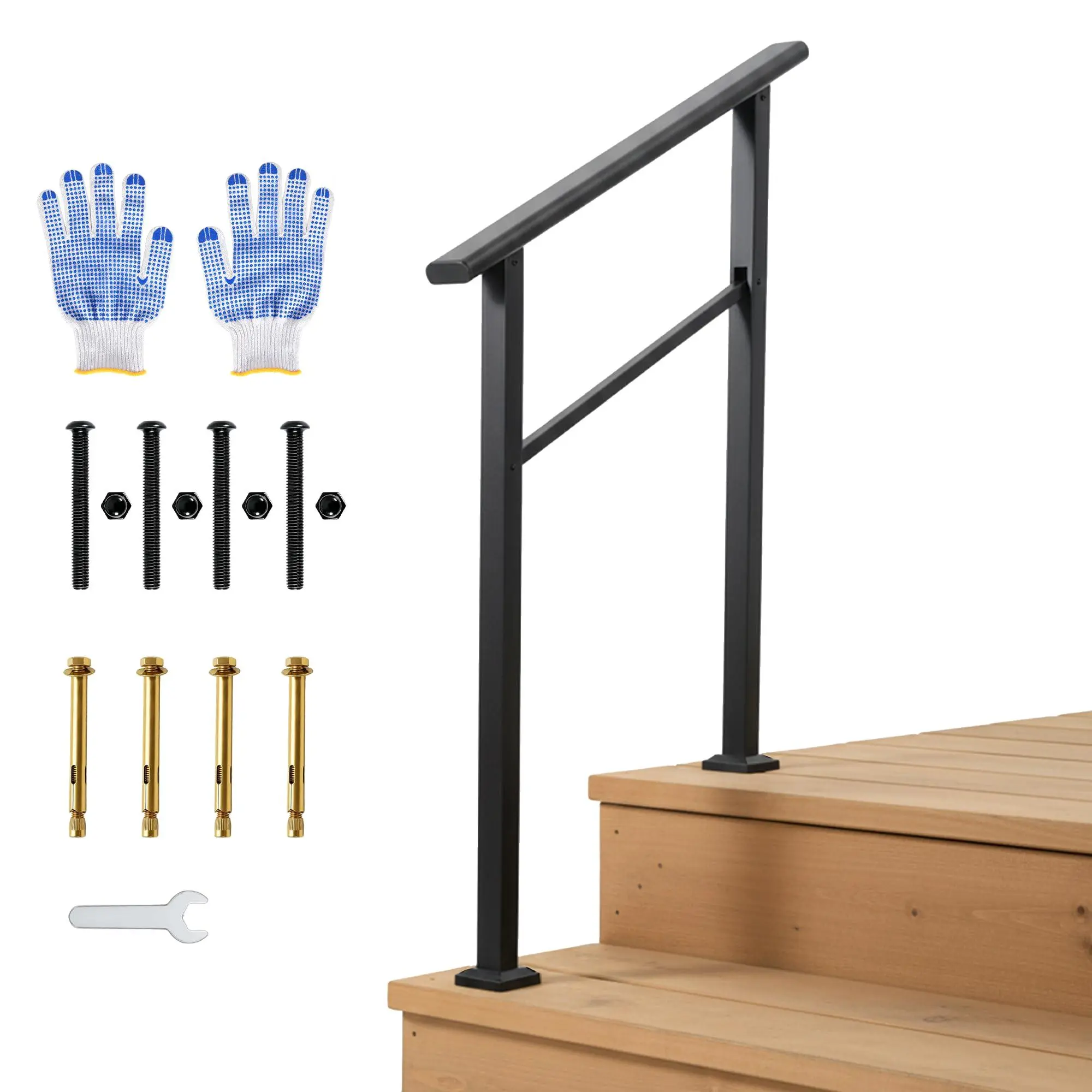 GARVEE 2-Run Stair Safety Handrail Kit – Black Aluminum and Iron – Indoor/Outdoor – Non-Slip, Weatherproof, ADA Compliant – Includes Gloves – 2 Steps, 1 Piece, Black