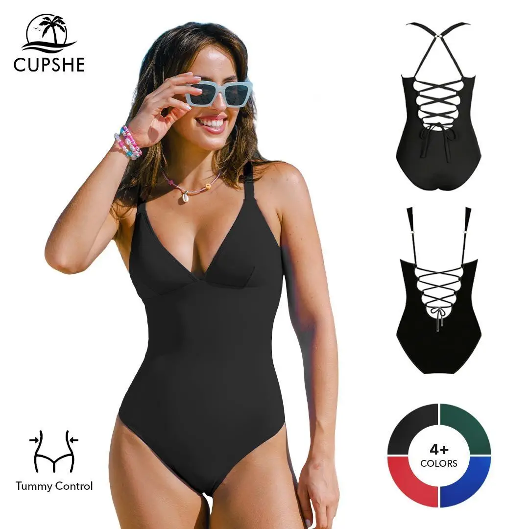CUPSHE Women Casual Plunging Slim & Sculpt Swimsuit Lace-Up Back Tummy Control Adjustable Straps One-Piece Summer Beach Swimwear(XS-XXL) Bathing Suits