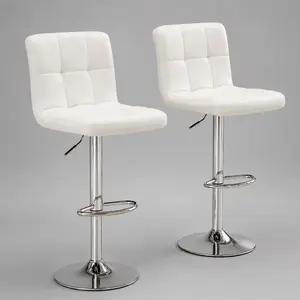 Set of 2 Modern Adjustable White Swivel Faux Leather Bar Stools - Indoor Home Bar Counter Chairs