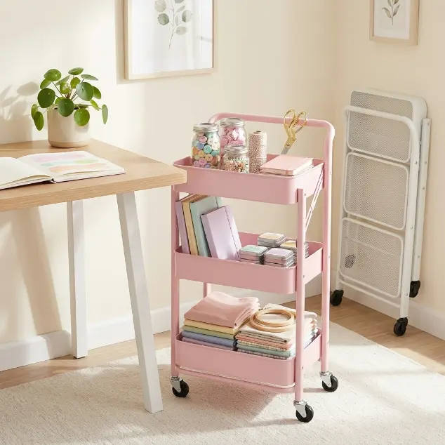 【TikTokShopSummerSale】3-Tier Foldable Storage Cart with Wheels & Lock, No Assembly Required Rolling Utility Rack, Large 3-Layer Space-Saving Organizer for Kitchen, Bathroom, Office, Includes Side Hanging Bag, 2 Storage Bins, 4 Hooks (Black/White/Pink)