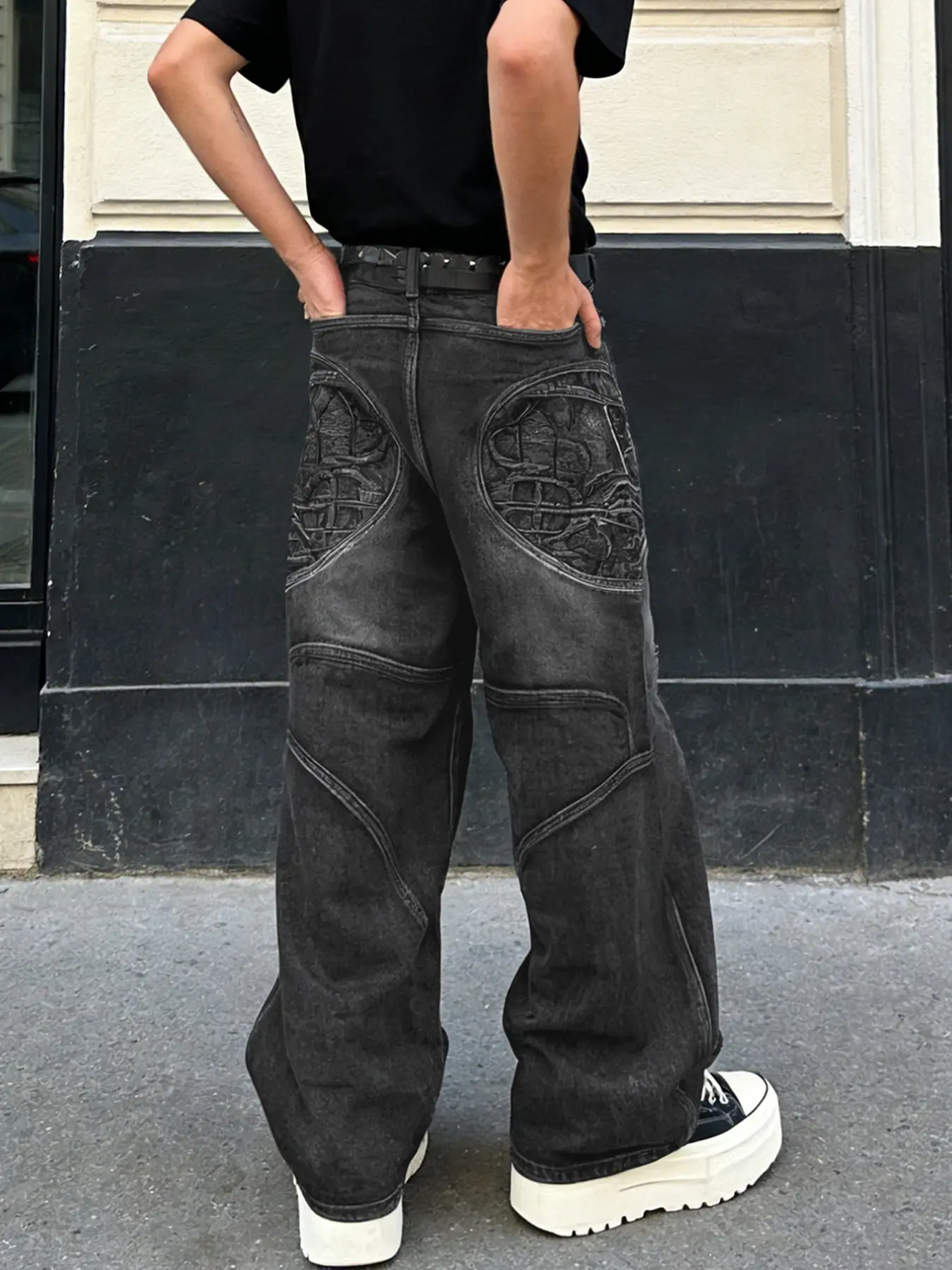 Men's Patchwork Embroidering Straight Leg Jeans, Casual Comfy Loose Fit Denim Pants for Daily Wear, Fashion Men's Bottoms for All Seasons, Jeans Embroidery