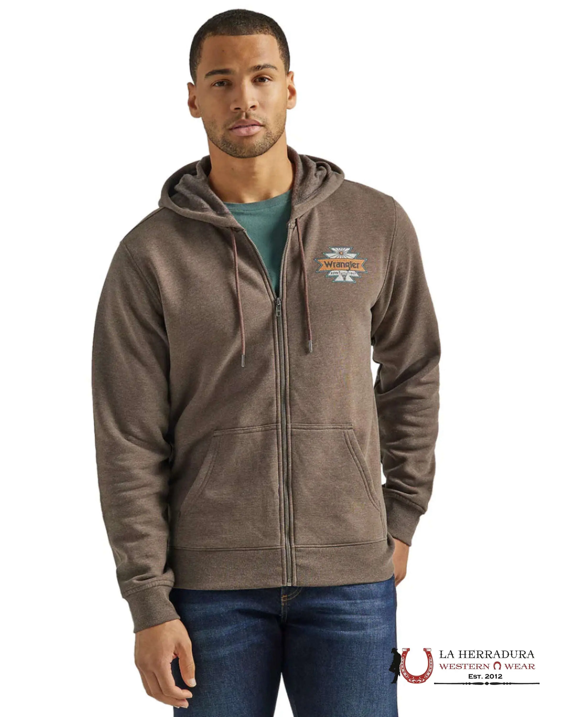 Wrangler Men's Cotton Fleece Casual Zip-Up Jacket with Back Graphic Logo, Menswear Tops, Brown (112339639), Fabric, Coats