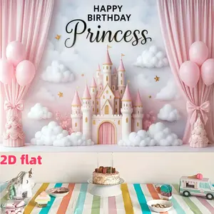 Pink Gold Princess Castle Birthday Background Banner, made of polyester material, suitable for girls' princess themed birthday parties, indoor/outdoor decoration, birthday party decoration, birthday party decoration, home decoration, room decoration