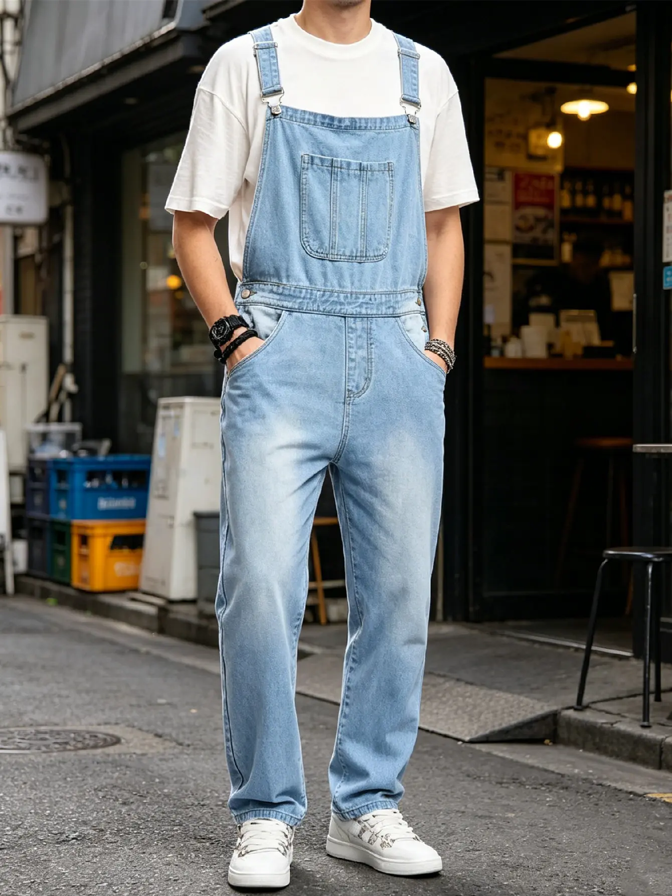 SRETOUU Men's Streetwear Stylish Vintage light blue washed Bib Overalls Jumpsuits Jeans men Slim workwear casual jumpsuit Menswear