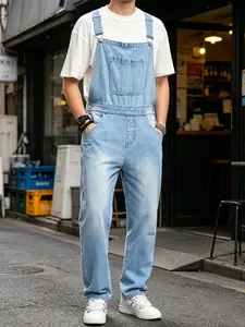 SRETOUU Men's Streetwear Stylish Vintage light blue washed Bib Overalls Jumpsuits Jeans men Slim workwear casual jumpsuit Menswear