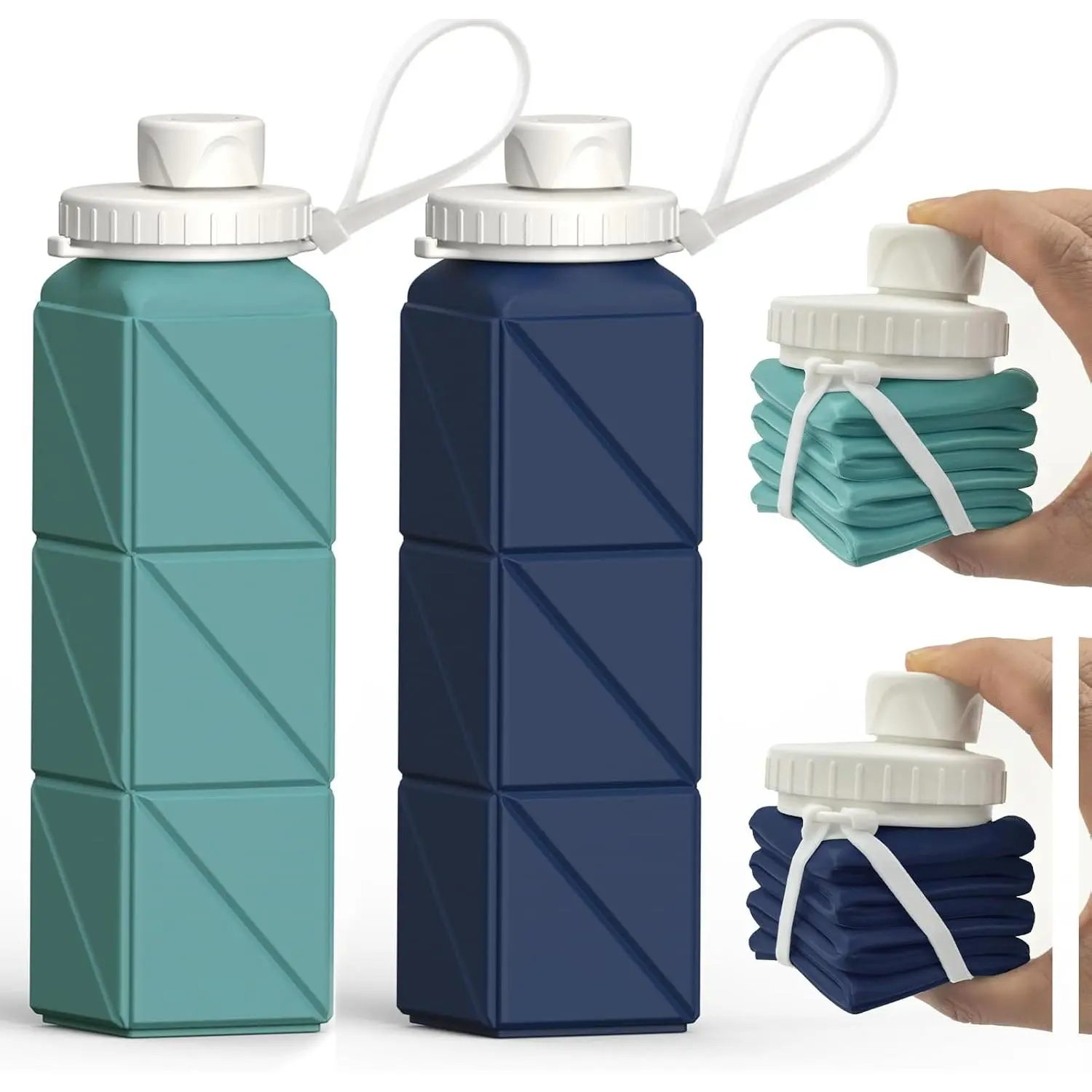 Collapsible Water Bottles 2 Pack, Silicone Foldable Portable Travel Water Bottle 20.6oz, Folding Lightweight Reusable Leakproof for Traveling Camping Hiking Cycling Yoga Sports Outdoor