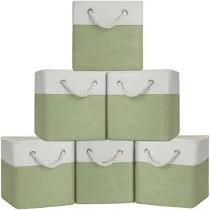 Collapsible Fabric 11 Inch Cube Storage Bins with Handles, Foldable Storage Cubes (White/Green), 6 Pack for Home Closet Organization Storage