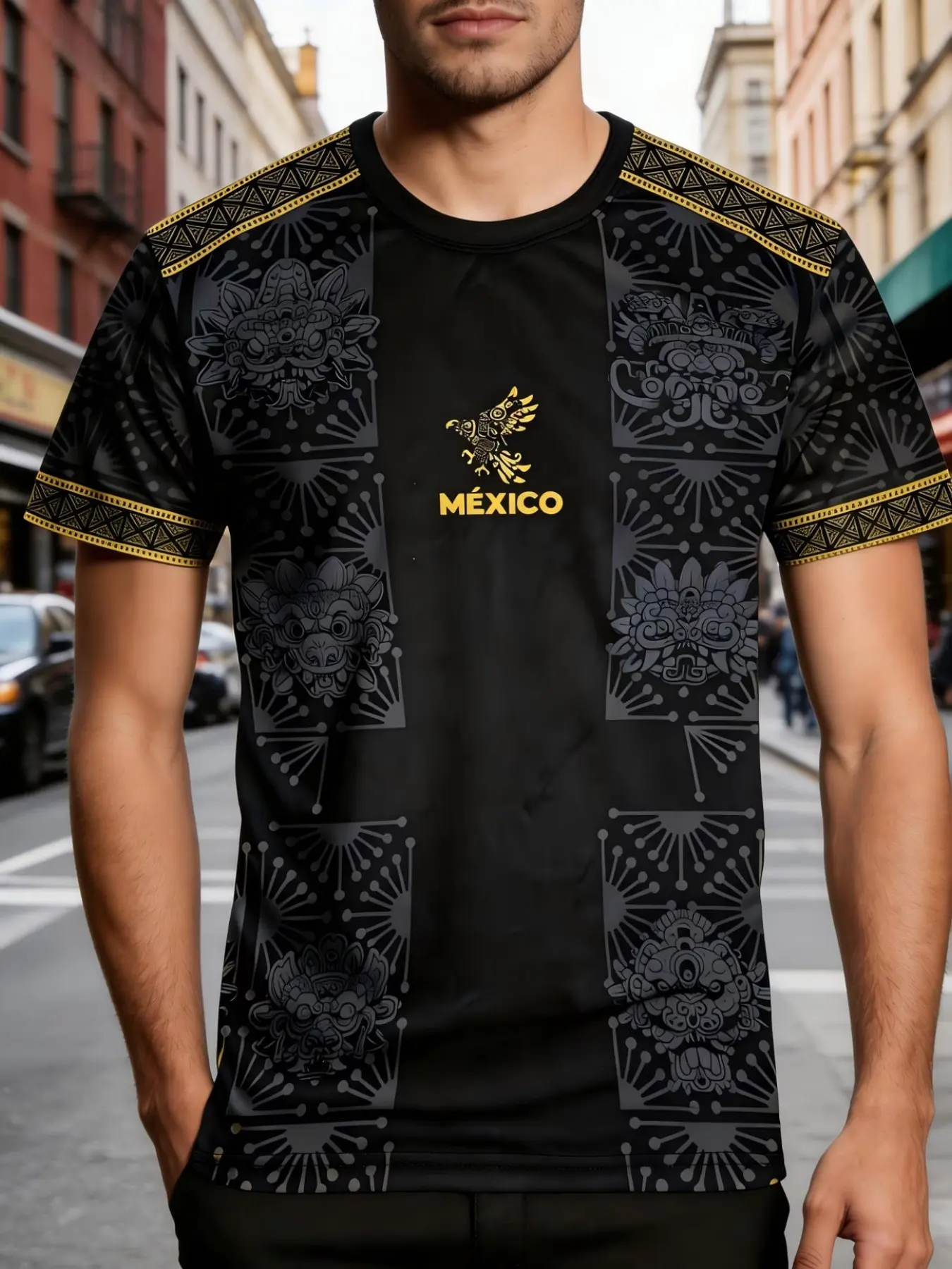 Mexican Style Men's Soccer T-Shirt, Cartoon Pattern Round Neck Comfortable Sports Top, Athletic Tee, Casual Sports Tops, Ideal for Matches, Training, Casual Wear, Gift Idea