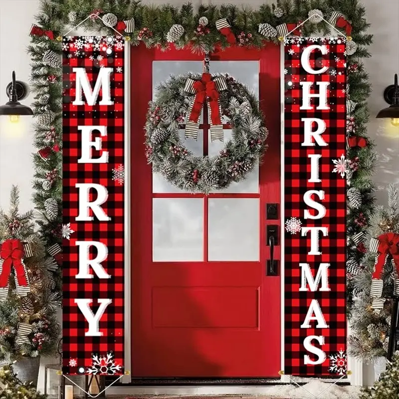 Christmas Decorations Outdoor Yard Front Porch Sign Set, Red Black Buffalo Plaid Door Banner, Hanging Merry Christmas Decorations for Home, Party Decor Design, Party Decoration, Indoor Outdoor Xmas Decor Wall Front Door Yard Garage