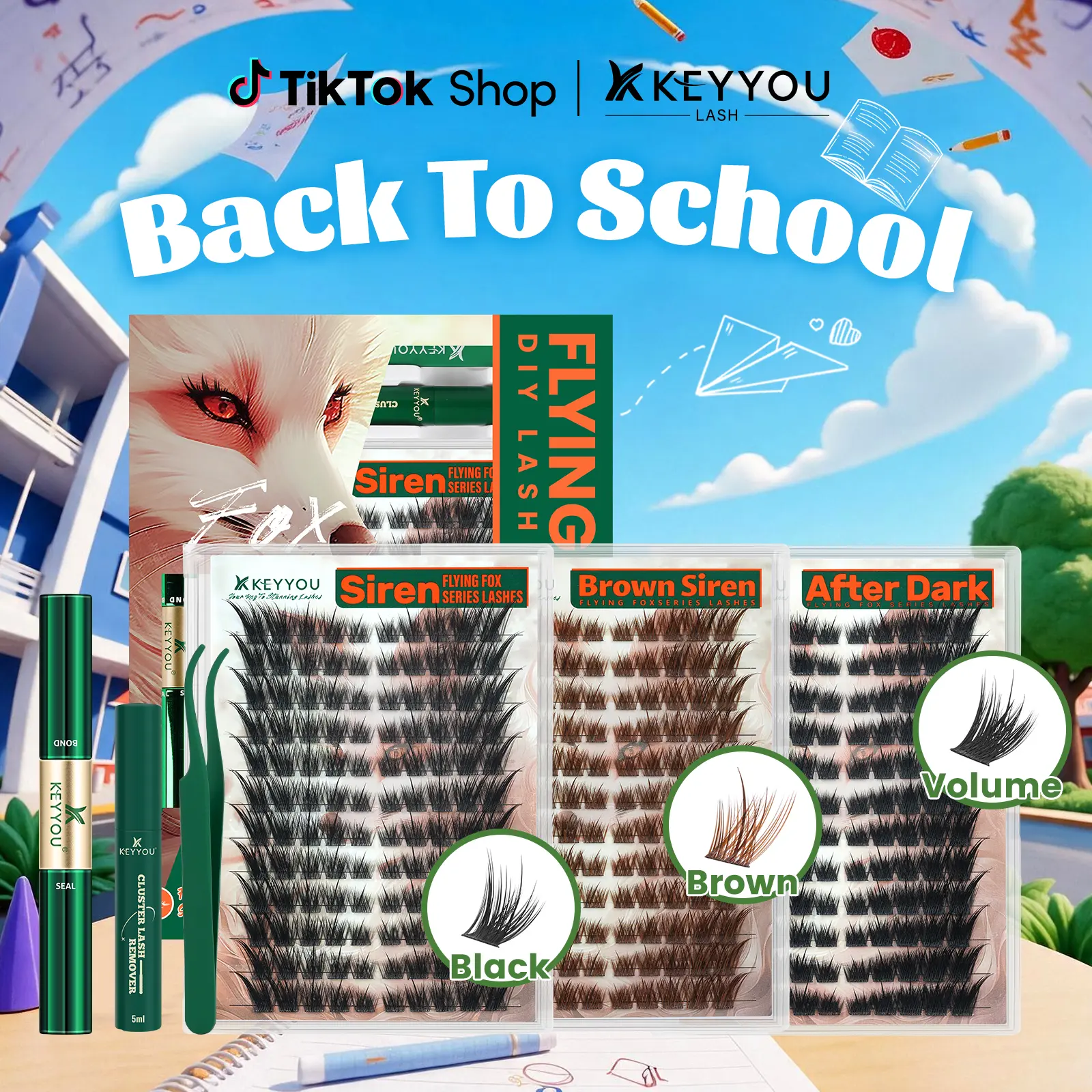 KEYYOU Siren Kit Flying Fox Cat Eye DIY Cluster Lash Extension Kit Volume Individual Lashes Waterproof Long-Lasting Self Application Eyelashes #BackToSchool