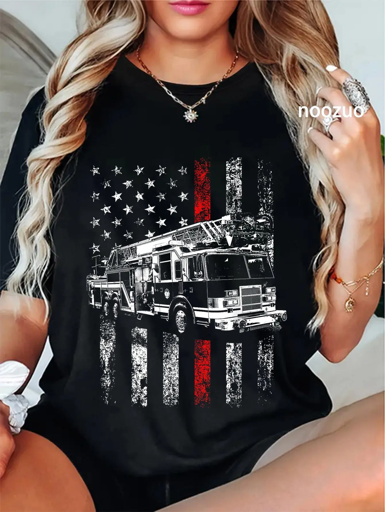 100% Cotton Fireman American Flag Thin Red Line Firefighter T-Shirt