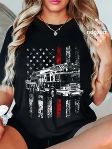 100% Cotton Fireman American Flag Thin Red Line Firefighter T-Shirt