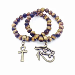 Tiger Eye Bracelet Set w/Bronze Ankh and Eye of Horus (Heru)