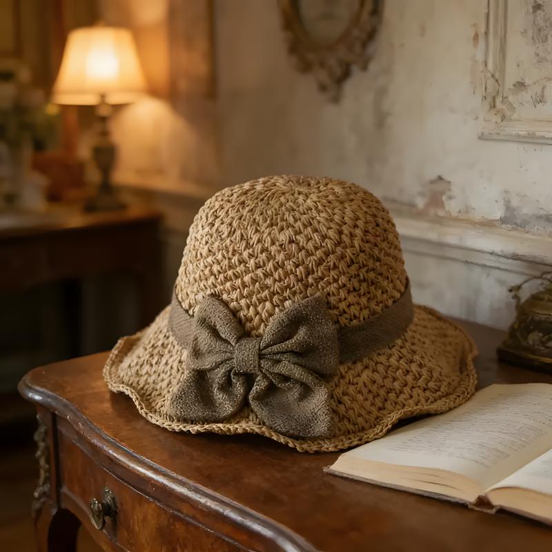 Vintage Handwoven Straw Hat with Ruffle Bow, Elegant French Sun Hat, Foldable Breathable Beach Hat for Travel & Outdoor Wear
