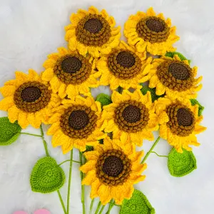 Handmade Crochet Sunflower Branch Bouquet Artificial Flower Fake Flower Arrangement, Valentine's Day Mother's Day Easter Party Gift, Anniversary Present