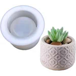 Round Concrete Flower Pot Silicone Mold Vintage Pattern Plaster Succulent Planter Vase Mold Candle Pen Holder Epoxy Resin Cement Clay Mould