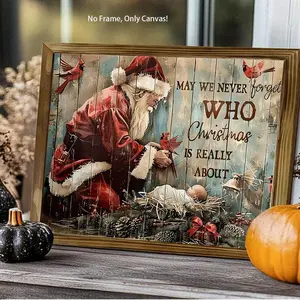 Vintage Christmas Canvas Painting, Santa Looking at Baby Jesus, Cardinal, Cozy Holiday Decor for Living Room, Entryway, Fireplace, Cozy Atmosphere