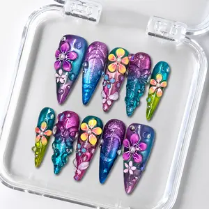 Cyber Y2K Galaxy Press On Nails Long Stiletto Purple Blue 3D Flower Handmade Acrylic Nails Glossy Reusable Fake Nails Luxury Nail Art Set for Women Girls Party Club Gothic Style