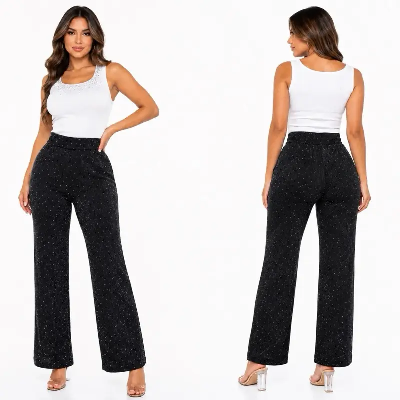 Women’s High Waist Rhinestone Wide Leg Pants – Sparkly Stretch Palazzo Trousers Women’s High Waist Palazzo Yoga Pants Women's work pant