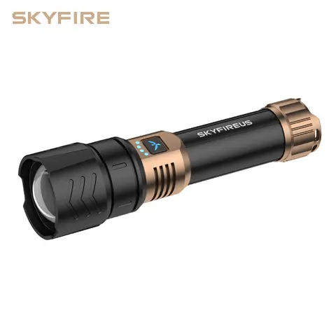 SKYFIRE Model 1097 5000mAh High-Powered Adjustable Tactical Portable Emergency LED Flashlight - USB Rechargeable, Zoom Lens, Fire-Start Head, 4 Modes, Waterproof, USB Port, Batteries, Reverse Charge, Spot/Flood, Camping Torch