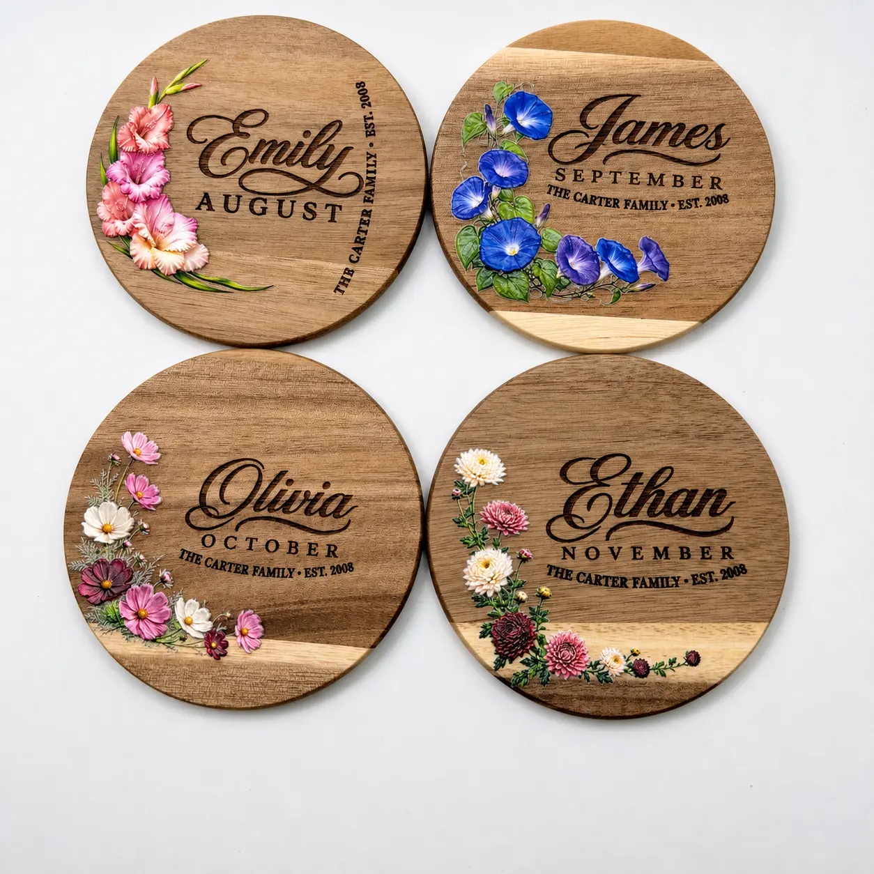 Personalized Birth Flower Wood Coasters Set of 4 | 3D Embossed UV Print | Laser Engraved Custom Name Gift