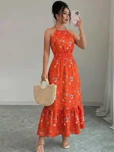 Women's Printed Elastic Strap Casual Long Dress - Beach Vacation Summer Style