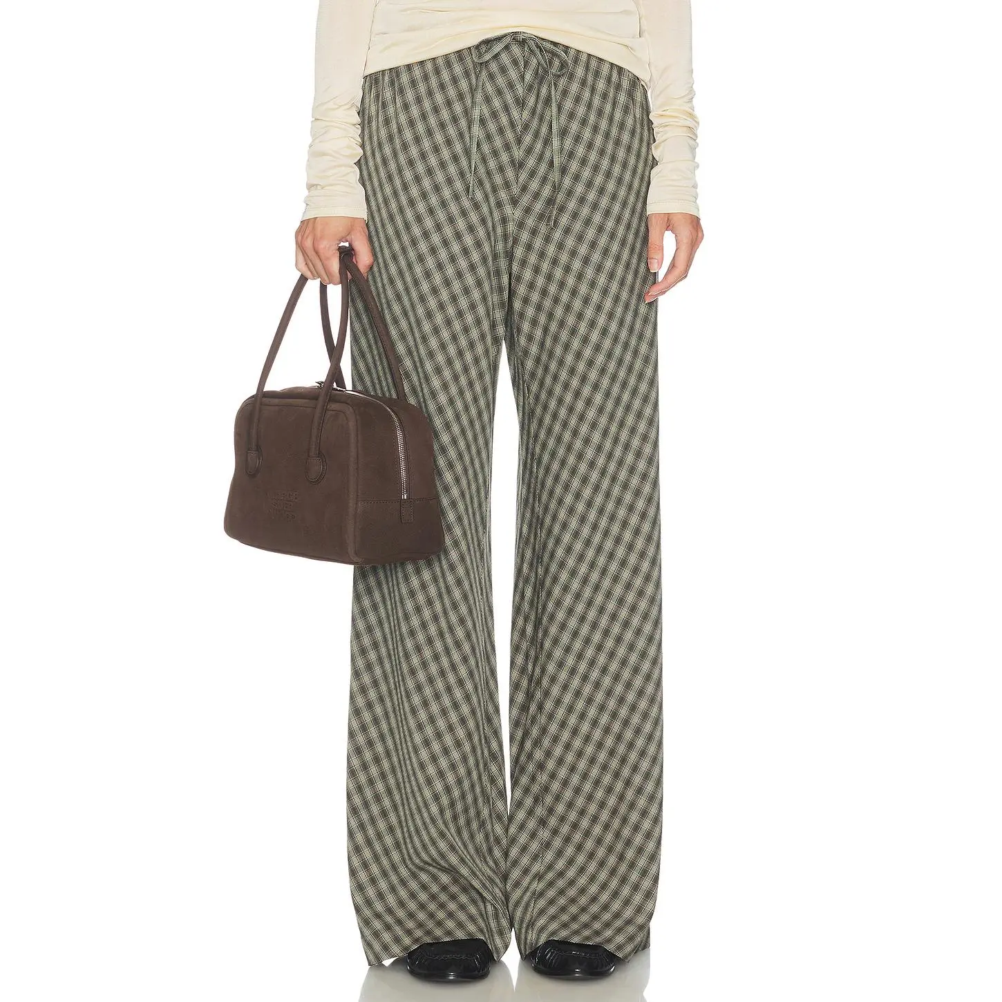 Helsa Novelty Bias Cut Pants in Green & Brown Plaid
