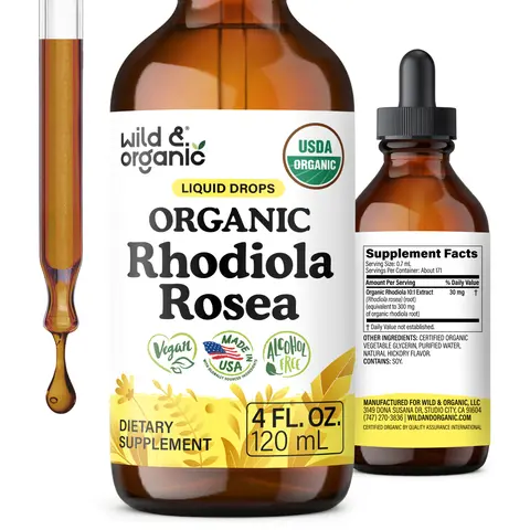 Wild & Organic USDA Organic Rhodiola Rosea Liquid Drops - Rhodiola Root Extract for Mood & Relaxation Support - Vegan, No Added Sugar & Alcohol-Free