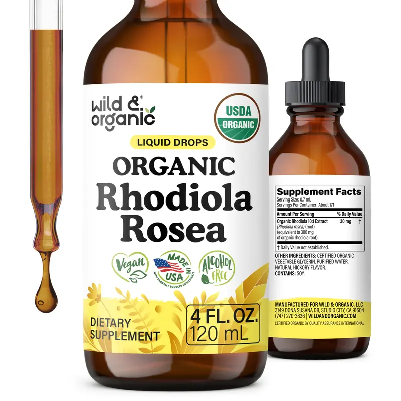 Wild & Organic USDA Organic Rhodiola Rosea Liquid Drops - Rhodiola Root Extract for Mood & Relaxation Support - Vegan, No Added Sugar & Alcohol-Free
