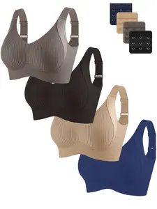 Women's Seamless Wireless Bra Set, Daily Comfort Four-Piece, Soft Medium Support, No Steel Cup Design, Fashion Solid Color, Underwear, Seamless Bras