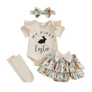 Newborn Baby Girl Esater Outfits Cute Letter Romper Ruffle Bunny Skirt Dress Infant Easter Outfit Clothes Set