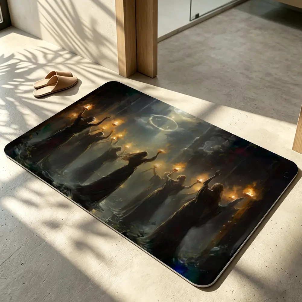 Torchlight Witch Gathering Decorative Floor Mat, Dark Fantasy Gothic Indoor Area Rug for Bedroom Living Room Halloween Decor