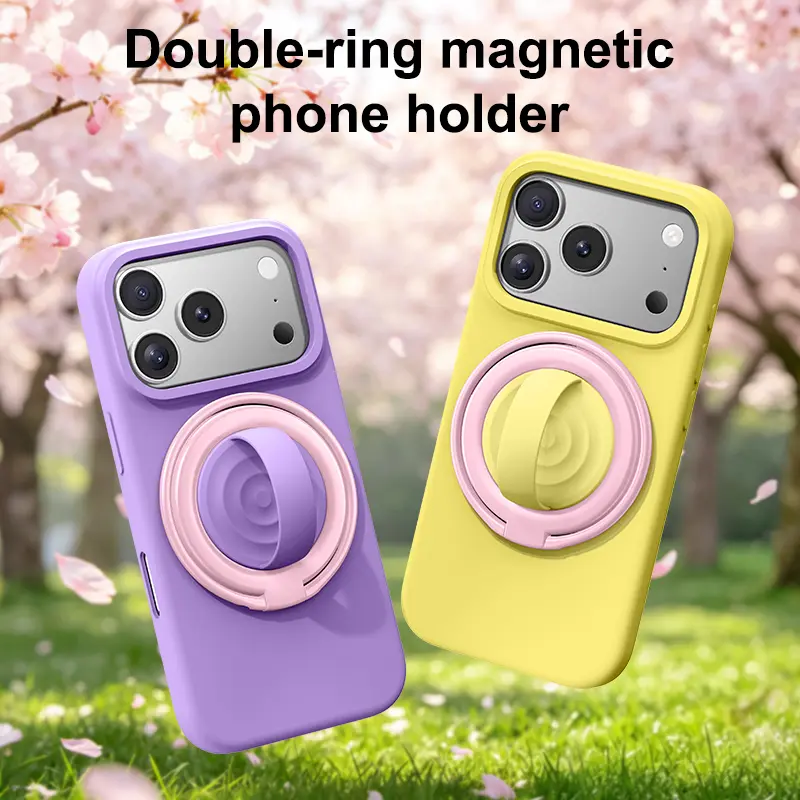 MagSafe Magnetic Silicone Double Ring Phone Grip with Hanging Hook, 360° Rotatable Kickstand, Color Block Anti-Drop Finger Strap for iPhone 17 Pro Max, 16, 15 Series - Mobile Phone Accessories