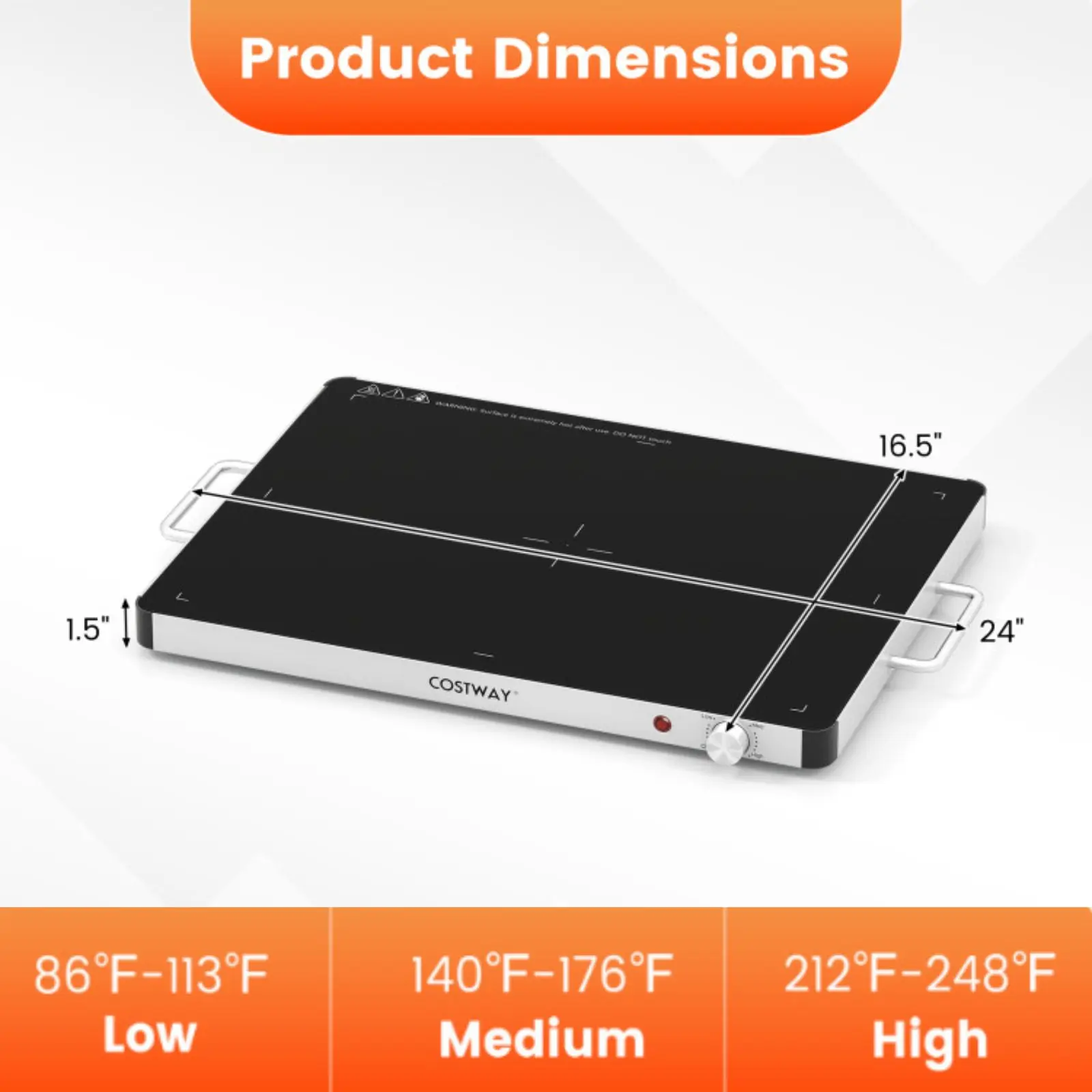 21” x 16”, 3 adjustable temperature settings