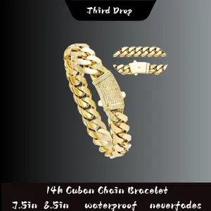 Cuban Link Hub Luxury Bracelet 14K Gold-Plated Waterproof Fade-Resistant Non-Allergenic 6mm-14mm Sizes for Casual Business Leisure