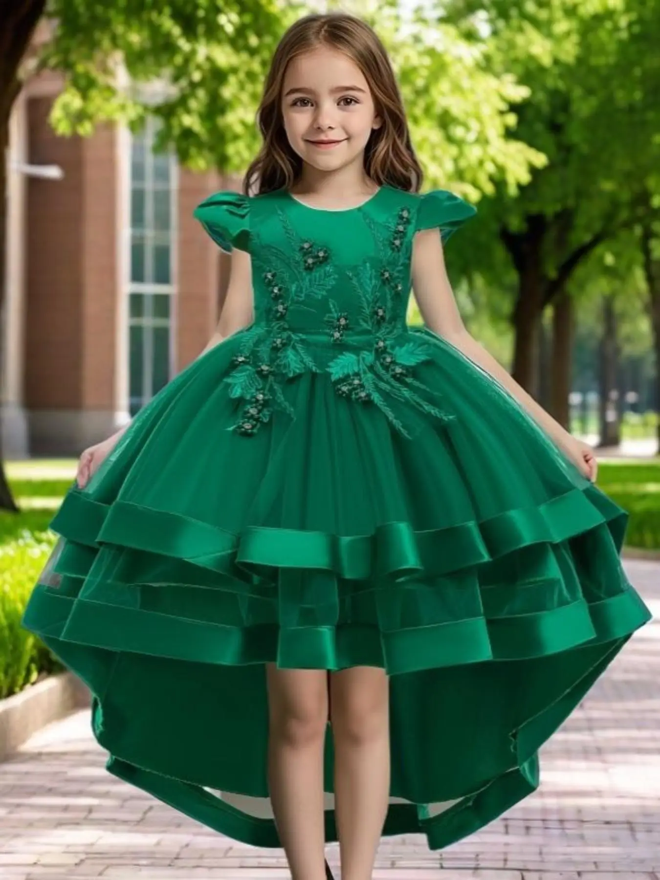 Girl's Leaf Embroidery Faux Pearls Decor High Low Hem Tulle Dress, Elegant Puff Sleeve Bow Back Zipper Back Fit & Flare Dress for Party Performance, K