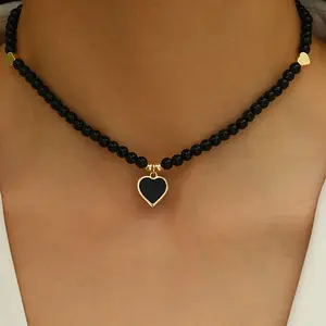 [1pc Handmade Bead Necklace] 1pc Handmade Black Bead Necklace with Golden-Tone Heart Pendant |     Bohemian Elegant Jewelry for Women, Party Festival Vacation Accessories, Year-Round Wear, Everyday Accessory, Stylish Accessory, Fine Craftsmanship,