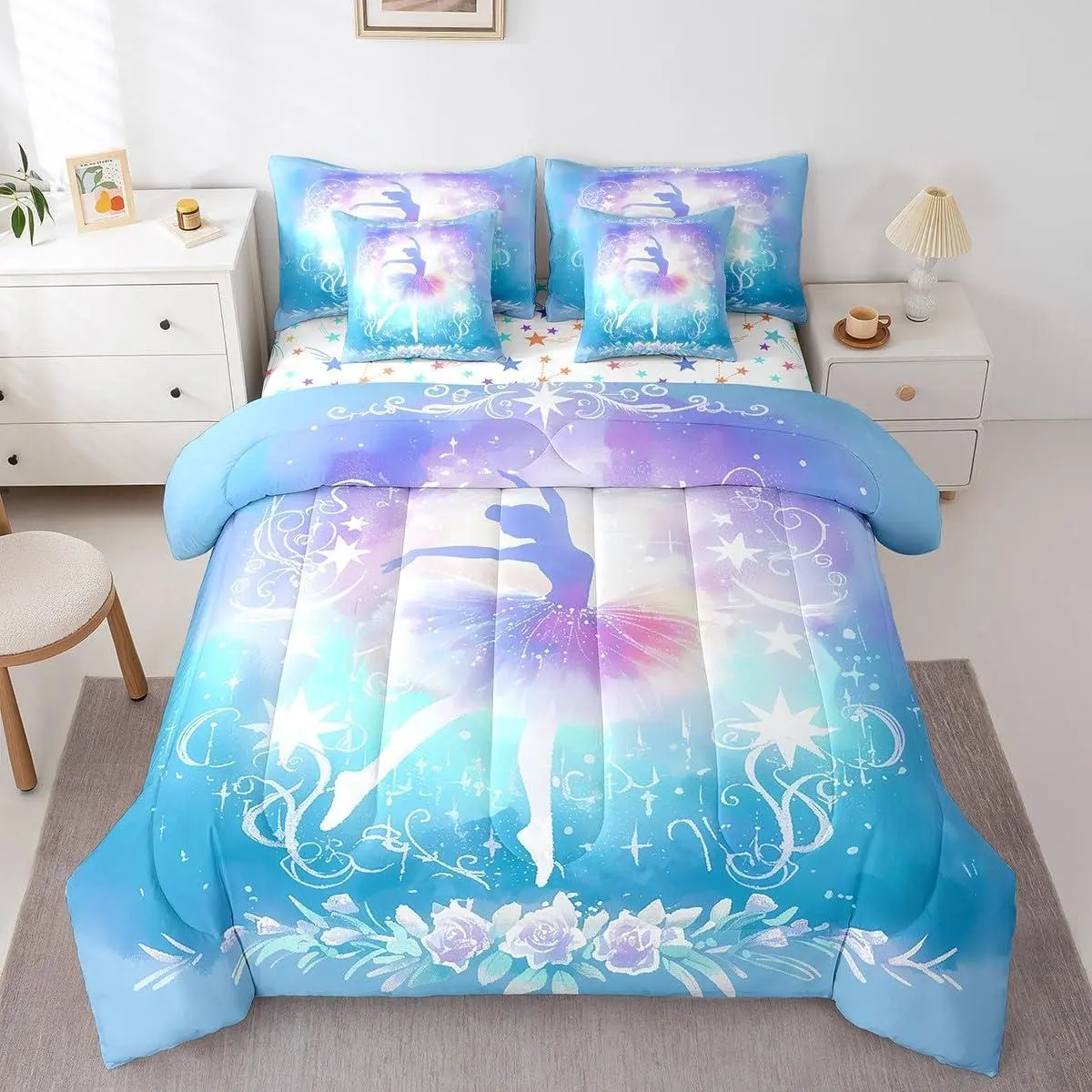 Ballet Dancer Comforter Set with Sheets,Ballerina Bed in A Bag Dreamy Princess 7 Pieces Bedding Set Colorful Floral Bed Set Bedroom Decor 7Pcs