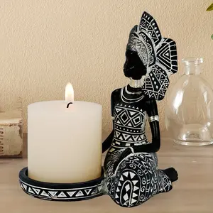 1pc, African Lady Figurine Candle Holder With African Tribal Totem For Wedding, Church, Holiday Decor - African Decorative Women Statues, Candlestick Holder For Home And Table Decor