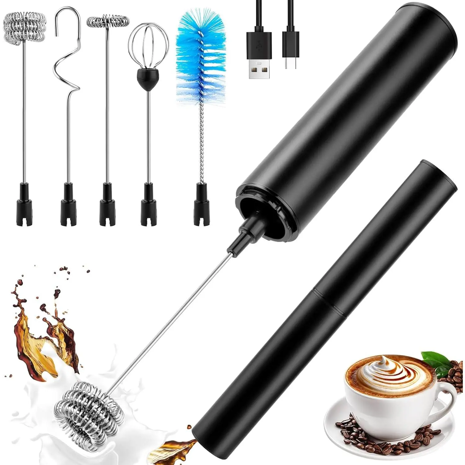 Milk Frother Wand for Coffee, Coffee Foamer Drink Mixer,Handheld Frother Rechargeable Electric Whisk with 5 Heads 2 Speeds for Latte, Cappuccino, Hot , Egg(Home and Travel Set Black)